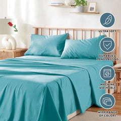 3 Piece Bed Sheet Set- Bedding Sheets & Pillowcases -Breathable Bedding - Wrinkle, Fade, Stain Resistant-Deep Pocket Flat Fitted Bed Sheet Set(Ice Blue,King Single)