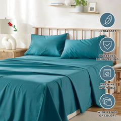 3 Piece Bed Sheet Set- Bedding Sheets & Pillowcases -Breathable Bedding - Wrinkle, Fade, Stain Resistant-Deep Pocket Flat Fitted Bed Sheet Set(Biscay blue,King Single)