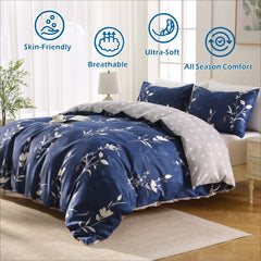 3 Piece Hotel Soft Microfiber Quilt Cover Set-2000TC Duvet/Donna Cover Set & Pillowcases -1 Quilt Cover Zipper Closure & 1 x Pillowcases-Breathable Bedding - Wrinkle, Fade, Stain Resistant(Navy Floral,Queen)