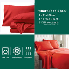 4 Piece Bed Sheet Set- Bedding Sheets & Pillowcases -Breathable Bedding - Wrinkle, Fade, Stain Resistant-Deep Pocket Flat Fitted Bed Sheet Set(Red,Queen)