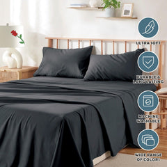 4 Piece Bed Sheet Set- Bedding Sheets & Pillowcases -Breathable Bedding - Wrinkle, Fade, Stain Resistant-Deep Pocket Flat Fitted Bed Sheet Set(Black,Queen)