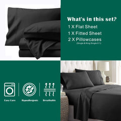 4 Piece Bed Sheet Set- Bedding Sheets & Pillowcases -Breathable Bedding - Wrinkle, Fade, Stain Resistant-Deep Pocket Flat Fitted Bed Sheet Set(Black,Queen)