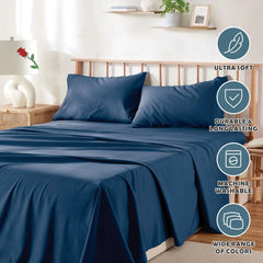 4 Piece Bed Sheet Set- Bedding Sheets & Pillowcases -Breathable Bedding - Wrinkle, Fade, Stain Resistant-Deep Pocket Flat Fitted Bed Sheet Set(Navy,Queen)