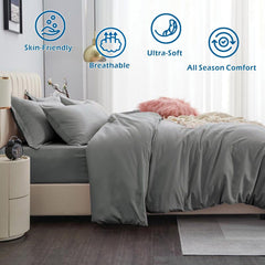 3 Piece Hotel Soft Microfiber Quilt Cover Set-2000TC Duvet/Donna Cover Set & Pillowcases -1 Quilt Cover Zipper Closure & 1 x Pillowcases-Breathable Bedding - Wrinkle, Fade, Stain Resistant(Grey,Super King)