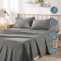 4 Piece Bed Sheet Set- Bedding Sheets & Pillowcases -Breathable Bedding - Wrinkle, Fade, Stain Resistant-Deep Pocket Flat Fitted Bed Sheet Set(Grey,Super King)