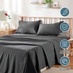 4 Piece Bed Sheet Set- Bedding Sheets & Pillowcases -Breathable Bedding - Wrinkle, Fade, Stain Resistant-Deep Pocket Flat Fitted Bed Sheet Set(Dark gray,Super King)