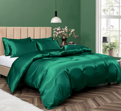 Satin Quilt cover Set Hotel 3 Pieces Quilt cover with Pillowcase, Art Silk Bedding Set-Luxury Soft Silky pillowcase for Hair and Skin, Similar to Silk Duvet/Donna Cover Set- 3 Pieces(Double,Green)