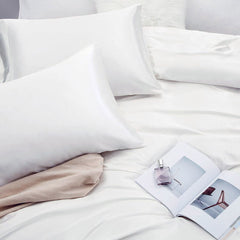 Art Silk Satin Sheet Set Hotel 4 Pieces Fitted/Flat Sheet Bedding Set-Luxury Soft Silky Sheets for Hair and Skin, Similar to Silk Bed Sheets Set 4 Pieces(Double,White)