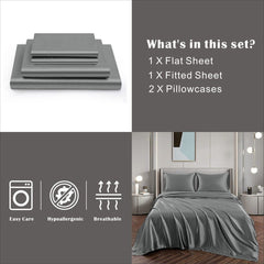 Art Silk Satin Sheet Set Hotel 4 Pieces Fitted/Flat Sheet Bedding Set-Luxury Soft Silky Sheets for Hair and Skin, Similar to Silk Bed Sheets Set 4 Pieces(Double,Grey)