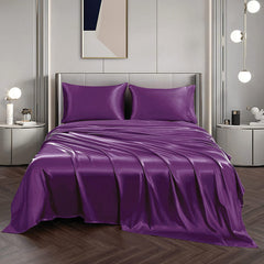 Art Silk Satin Sheet Set Hotel 4 Pieces Fitted/Flat Sheet Bedding Set-Luxury Soft Silky Sheets for Hair and Skin, Similar to Silk Bed Sheets Set 4 Pieces(Double,Purple)
