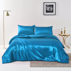 Satin Quilt cover Set Hotel 3 Pieces Quilt cover with Pillowcase, Art Silk Bedding Set-Luxury Soft Silky pillowcase for Hair and Skin, Similar to Silk Duvet/Donna Cover Set- 3 Pieces(King,Ocean)