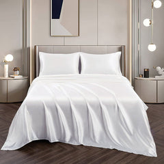 Art Silk Satin Sheet Set Hotel 3 Pieces Fitted/Flat Sheet Bedding Set-Luxury Soft Silky Sheets for Hair and Skin, Similar to Silk Bed Sheets Set 3 Pieces(King Single,White)
