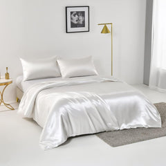 Satin Quilt cover Set Hotel 3 Pieces Quilt cover with Pillowcase, Art Silk Bedding Set-Luxury Soft Silky pillowcase for Hair and Skin, Similar to Silk Duvet/Donna Cover Set- 3 Pieces(Queen,White)