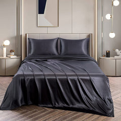 Art Silk Satin Sheet Set Hotel 4 Pieces Fitted/Flat Sheet Bedding Set-Luxury Soft Silky Sheets for Hair and Skin, Similar to Silk Bed Sheets Set 4 Pieces(Queen,Black)