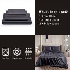 Art Silk Satin Sheet Set Hotel 4 Pieces Fitted/Flat Sheet Bedding Set-Luxury Soft Silky Sheets for Hair and Skin, Similar to Silk Bed Sheets Set 4 Pieces(Queen,Black)