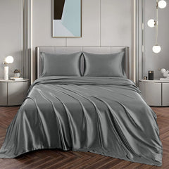 Art Silk Satin Sheet Set Hotel 4 Pieces Fitted/Flat Sheet Bedding Set-Luxury Soft Silky Sheets for Hair and Skin, Similar to Silk Bed Sheets Set 4 Pieces(Queen,Grey)