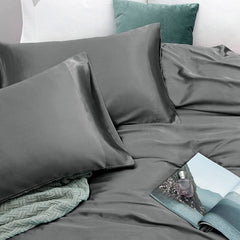 Art Silk Satin Sheet Set Hotel 4 Pieces Fitted/Flat Sheet Bedding Set-Luxury Soft Silky Sheets for Hair and Skin, Similar to Silk Bed Sheets Set 4 Pieces(Queen,Grey)