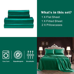 Art Silk Satin Sheet Set Hotel 4 Pieces Fitted/Flat Sheet Bedding Set-Luxury Soft Silky Sheets for Hair and Skin, Similar to Silk Bed Sheets Set 4 Pieces(Queen,Green)