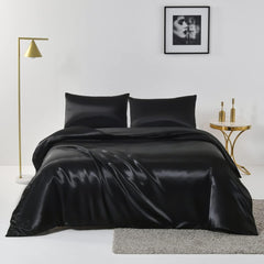 Satin Quilt cover Set Hotel 3 Pieces Quilt cover with Pillowcase, Art Silk Bedding Set-Luxury Soft Silky pillowcase for Hair and Skin, Similar to Silk Duvet/Donna Cover Set- 3 Pieces(Super King,Black)