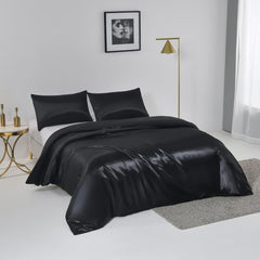 Satin Quilt cover Set Hotel 3 Pieces Quilt cover with Pillowcase, Art Silk Bedding Set-Luxury Soft Silky pillowcase for Hair and Skin, Similar to Silk Duvet/Donna Cover Set- 3 Pieces(Super King,Black)