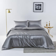 Satin Quilt cover Set Hotel 3 Pieces Quilt cover with Pillowcase, Art Silk Bedding Set-Luxury Soft Silky pillowcase for Hair and Skin, Similar to Silk Duvet/Donna Cover Set- 3 Pieces(Super King,Grey)