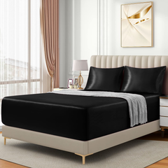 Satin Fitted Sheet Set Hotel 3 Pieces Fitted Sheet with Pillowcase, Art Silk Bedding Set-Luxury Soft Silky Sheets for Hair and Skin, Similar to Silk Fitted Sheets Set 3 Pieces(Super King,Black)
