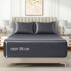 Satin Fitted Sheet Set Hotel 3 Pieces Fitted Sheet with Pillowcase, Art Silk Bedding Set-Luxury Soft Silky Sheets for Hair and Skin, Similar to Silk Fitted Sheets Set 3 Pieces(Super King,Grey)