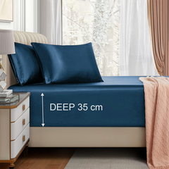 Satin Fitted Sheet Set Hotel 3 Pieces Fitted Sheet with Pillowcase, Art Silk Bedding Set-Luxury Soft Silky Sheets for Hair and Skin, Similar to Silk Fitted Sheets Set 3 Pieces(Super King,Navy)