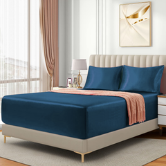 Satin Fitted Sheet Set Hotel 3 Pieces Fitted Sheet with Pillowcase, Art Silk Bedding Set-Luxury Soft Silky Sheets for Hair and Skin, Similar to Silk Fitted Sheets Set 3 Pieces(Super King,Navy)