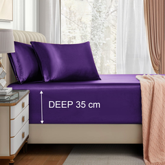 Satin Fitted Sheet Set Hotel 3 Pieces Fitted Sheet with Pillowcase, Art Silk Bedding Set-Luxury Soft Silky Sheets for Hair and Skin, Similar to Silk Fitted Sheets Set 3 Pieces(Super King,Purple)
