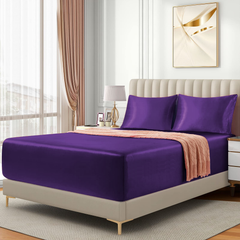 Satin Fitted Sheet Set Hotel 3 Pieces Fitted Sheet with Pillowcase, Art Silk Bedding Set-Luxury Soft Silky Sheets for Hair and Skin, Similar to Silk Fitted Sheets Set 3 Pieces(Super King,Purple)