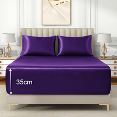 Satin Fitted Sheet Set Hotel 3 Pieces Fitted Sheet with Pillowcase, Art Silk Bedding Set-Luxury Soft Silky Sheets for Hair and Skin, Similar to Silk Fitted Sheets Set 3 Pieces(Super King,Purple)