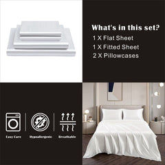 Art Silk Satin Sheet Set Hotel 4 Pieces Fitted/Flat Sheet Bedding Set-Luxury Soft Silky Sheets for Hair and Skin, Similar to Silk Bed Sheets Set 4 Pieces(Super King,White)