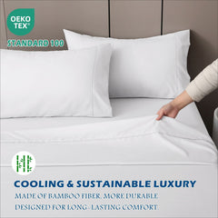 4 Piece Hotel Bamboo Cooling Sheet Set -Ultra Soft 2000TC Breathable Bed Sheets Set with 37 Centimetre Deep Pocket-Cooling Sheets for Hot Sleepers(White,Double)