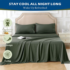 4 Piece Hotel Bamboo Cooling Sheet Set -Ultra Soft 2000TC Breathable Bed Sheets Set with 37 Centimetre Deep Pocket-Cooling Sheets for Hot Sleepers(Olive green,Double)