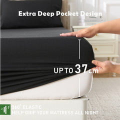 3 Piece Hotel Bamboo Cooling Fitted Sheet Set & Pillowcase -Ultra Soft 2000TC Breathable Fitted Bed Sheets Set with 37 Centimetre Deep Pocket-Cooling Sheets for Hot Sleepers(Black,King)