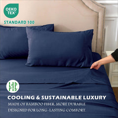 3 Piece Hotel Bamboo Cooling Sheet Set -Ultra Soft 2000TC Breathable Bed Sheets Set with 37 Centimetre Deep Pocket-Cooling Sheets for Hot Sleepers(Navy,King Single)