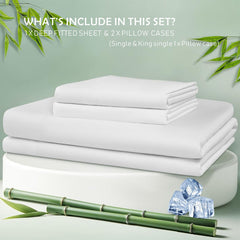 3 Piece Hotel Bamboo Cooling Fitted Sheet Set & Pillowcase -Ultra Soft 2000TC Breathable Fitted Bed Sheets Set with 37 Centimetre Deep Pocket-Cooling Sheets for Hot Sleepers(White,Super King)
