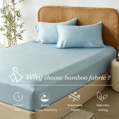 3 Piece Hotel Bamboo Cooling Fitted Sheet Set & Pillowcase -Ultra Soft 2000TC Breathable Fitted Bed Sheets Set with 37 Centimetre Deep Pocket-Cooling Sheets for Hot Sleepers(Sky Blue,Super King)