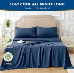4 Piece Hotel Bamboo Cooling Sheet Set -Ultra Soft 2000TC Breathable Bed Sheets Set with 37 Centimetre Deep Pocket-Cooling Sheets for Hot Sleepers(Navy,Super King)