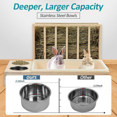 Wooden Rabbit Hay Feeder with 3-in-1 Litter Box and Bowls, Small Animal Rack for Guinea Pigs, Chinchillas, Hamsters, and Dwarf Rabbits - Wood Color