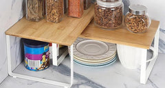 Kitchen Shelf Organizer – 2-Tier Expandable & Stackable Countertop Spice Storage Rack, White Metal Frame Pantry Cabinet Organizer for Dishes, Spices, Mugs, 4 Packs