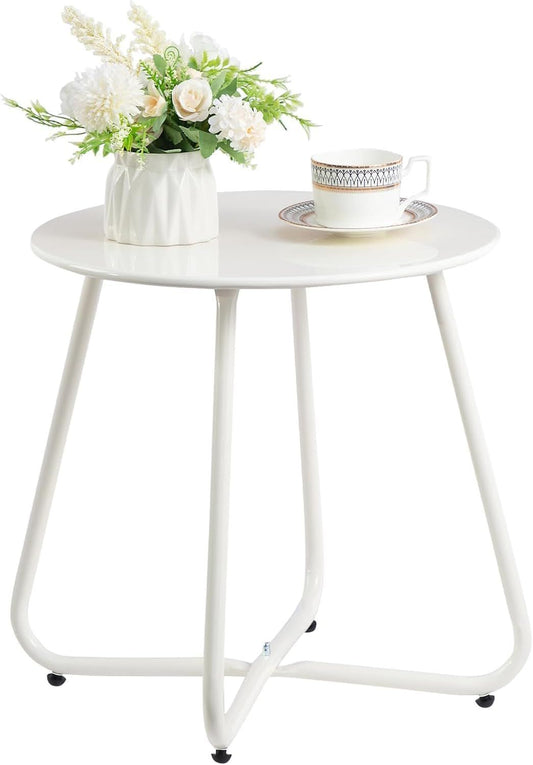 Metal Outdoor Side Table – Round Patio Table, Rust-Resistant Small End Coffee Table for Balcony, Garden, Porch, Living Room & Bedroom – Portable Accent Table for Indoor Outdoor Use, White