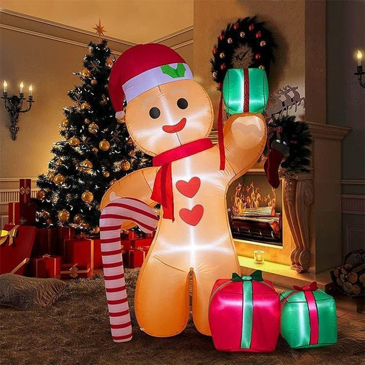 8FT/2.4m Lighted Inflatable Gingerbread Man Christmas Decoration with Candy Cane & Gift Boxes, Outdoor Indoor Holiday Yard Lawn Display with Built-in LED Lights