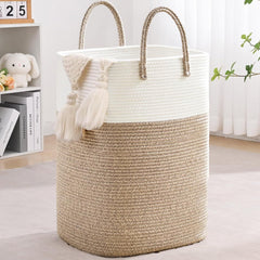 60L Cotton Rope Laundry Hamper Tall Woven Laundry Basket with Handles, Collapsible Clothes Hamper for Blankets Towels Laundry Storage Nursery Bedroom Bathroom Living Room