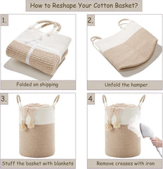 60L Cotton Rope Laundry Hamper Tall Woven Laundry Basket with Handles, Collapsible Clothes Hamper for Blankets Towels Laundry Storage Nursery Bedroom Bathroom Living Room