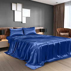 Royal Comfort Satin Sheet Set 4 Piece Fitted Flat Sheet Pillowcases - King - Navy Blue