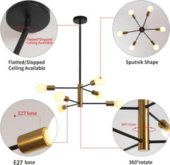 Sputnik Chandelier Modern Industrial, 6-Light , Black & Gold
