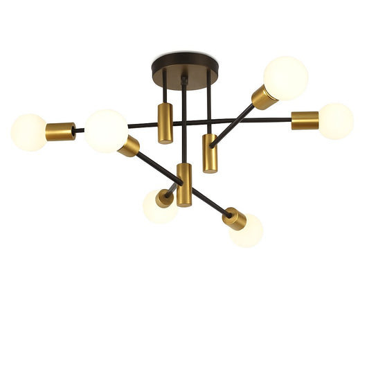 Mid Century Chandelier Modern, 6-Light , Black & Gold