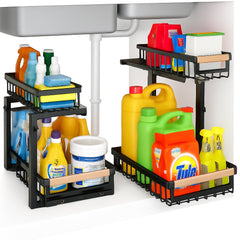 2-Tier Kitchen Under Sink Organiser Storage with Height Adjustable, Unique Slide Rail & Suction Cups for Storage